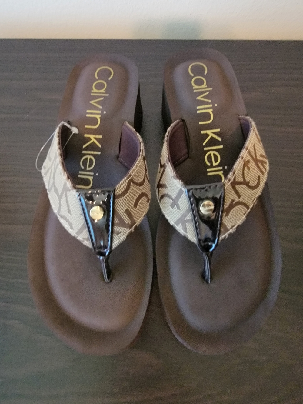 Calvin Klein Women's Brown Logo Thong Sandals
